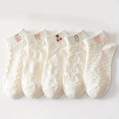 5 Pairs Casual Solid Socks Breathable Animal Pattern Low Cut Ankle Socks