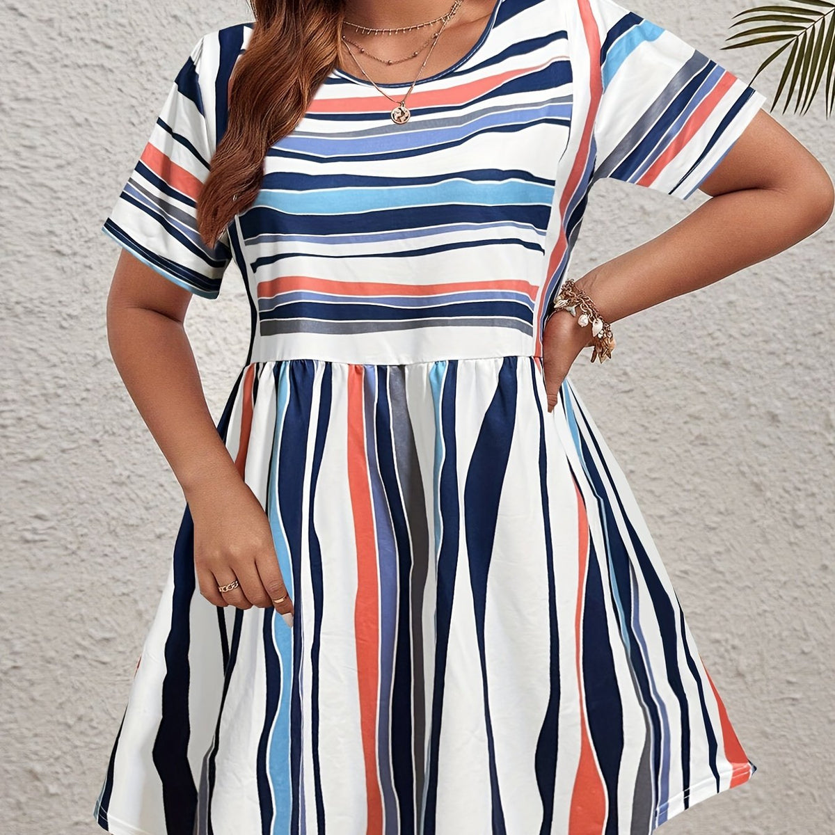  Colorblock Stripe Print Short Sleeve Round Neck Mini Dress