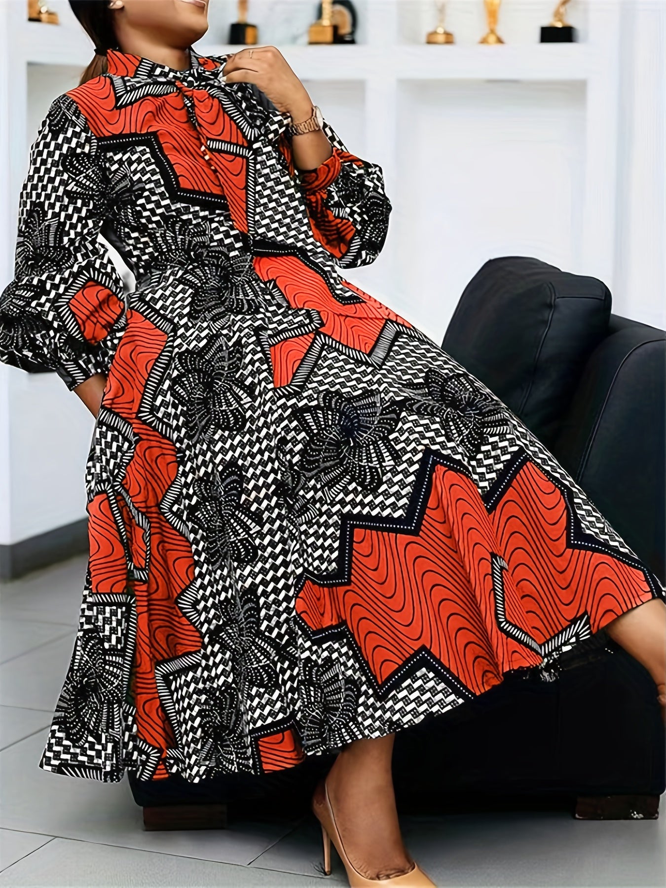  Colorblock Geometric Print Lantern Sleeve Midi Dress