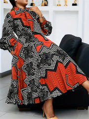  Colorblock Geometric Print Lantern Sleeve Midi Dress