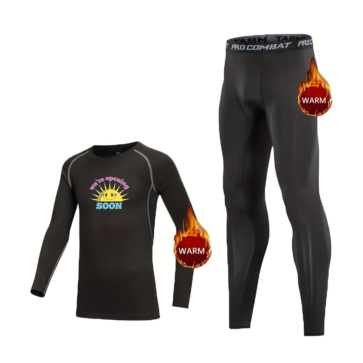 Kids Fleece Lined Compression Base Set Sun Print Tops & Leggings Boys Girls