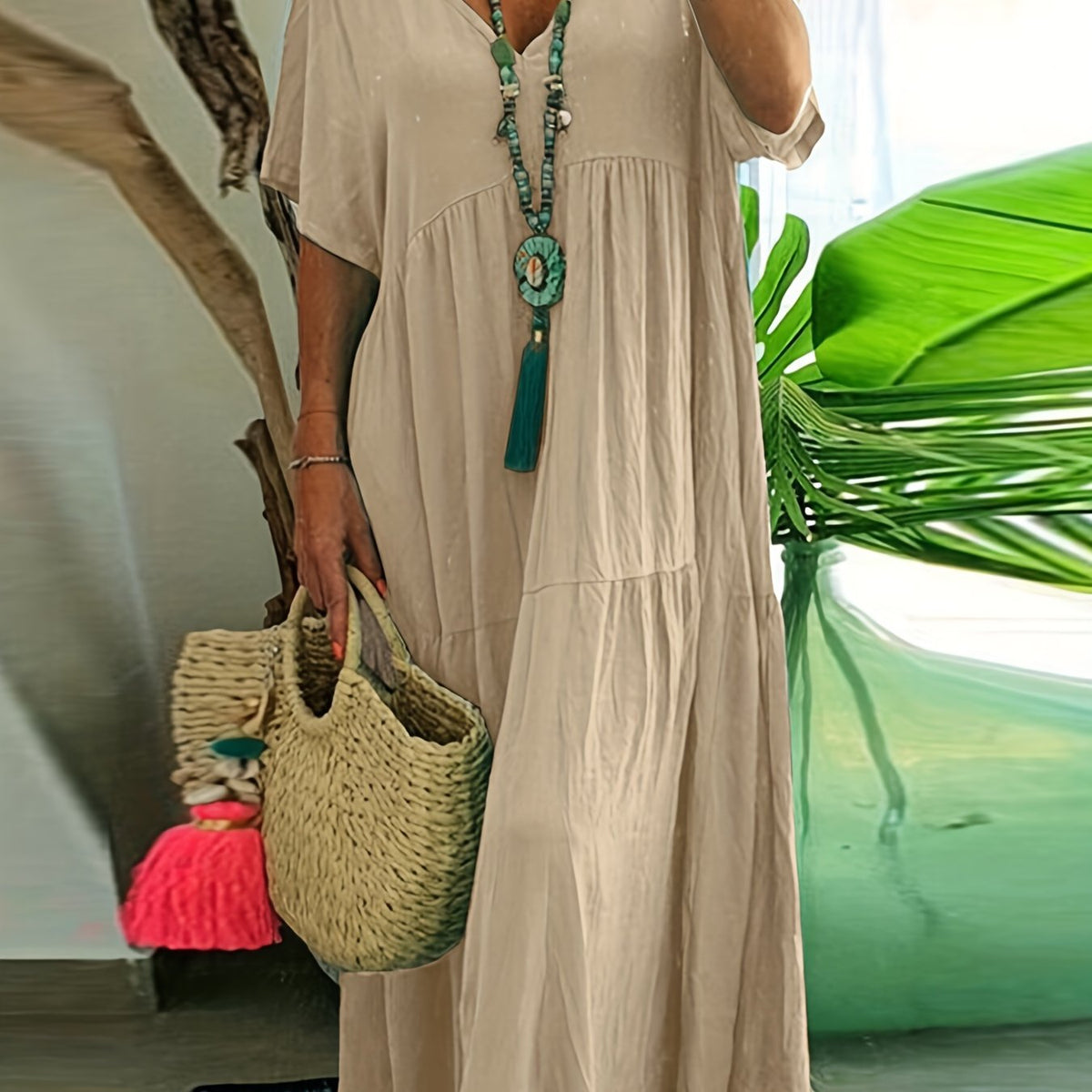  Solid V Neck Ruffle Trim Smock Dress