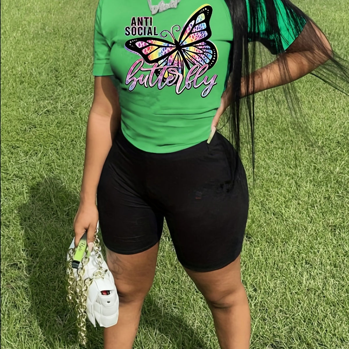  Butterfly Print Short Sleeve Top & Shorts Set