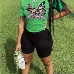  Butterfly Print Short Sleeve Top & Shorts Set