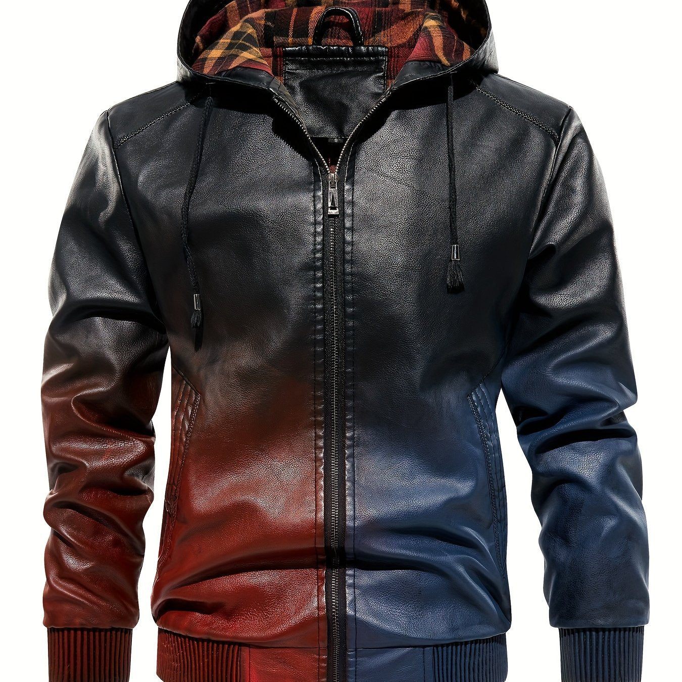 Men's Gradient Pu Leather Hooded Jacket Zip Up Windproof Jacket