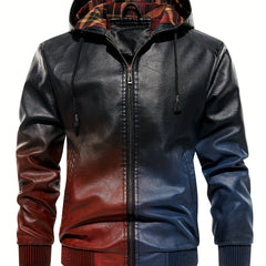 Men's Gradient Pu Leather Hooded Jacket Zip Up Windproof Jacket