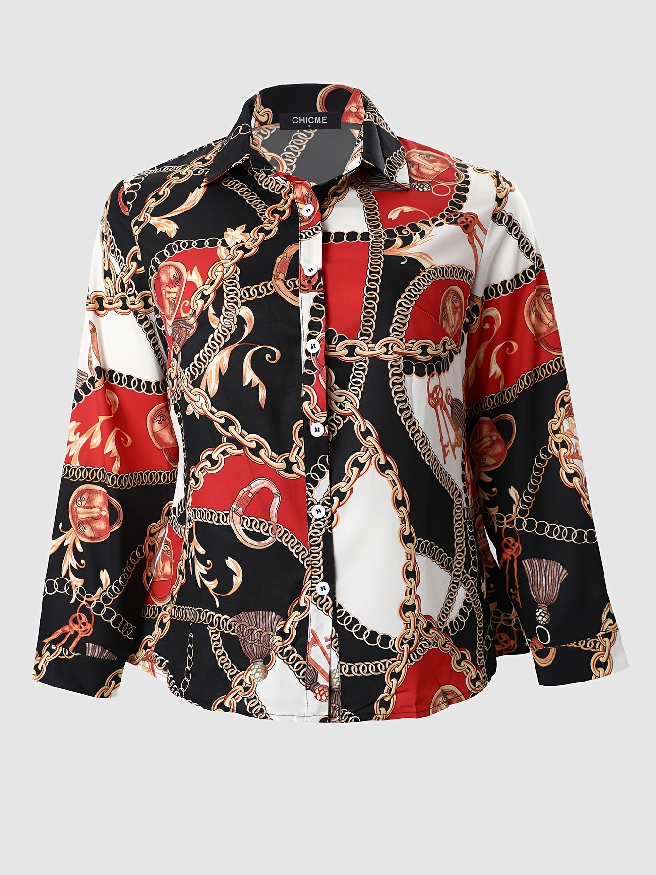  All Over Print Long Sleeve Blouse Women's Plus Casual Button Front