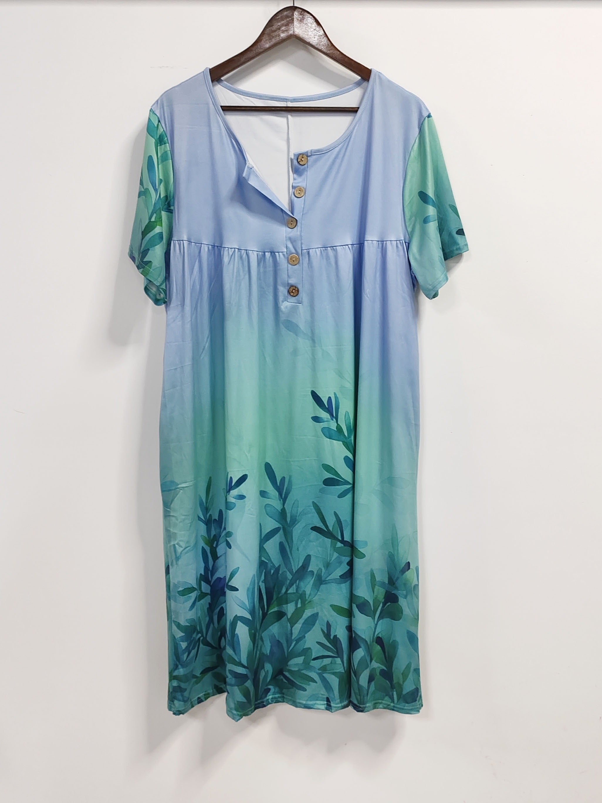 Women's Plus Ombre Floral Print Button Up Short Sleeve V Neck Maxi Dress