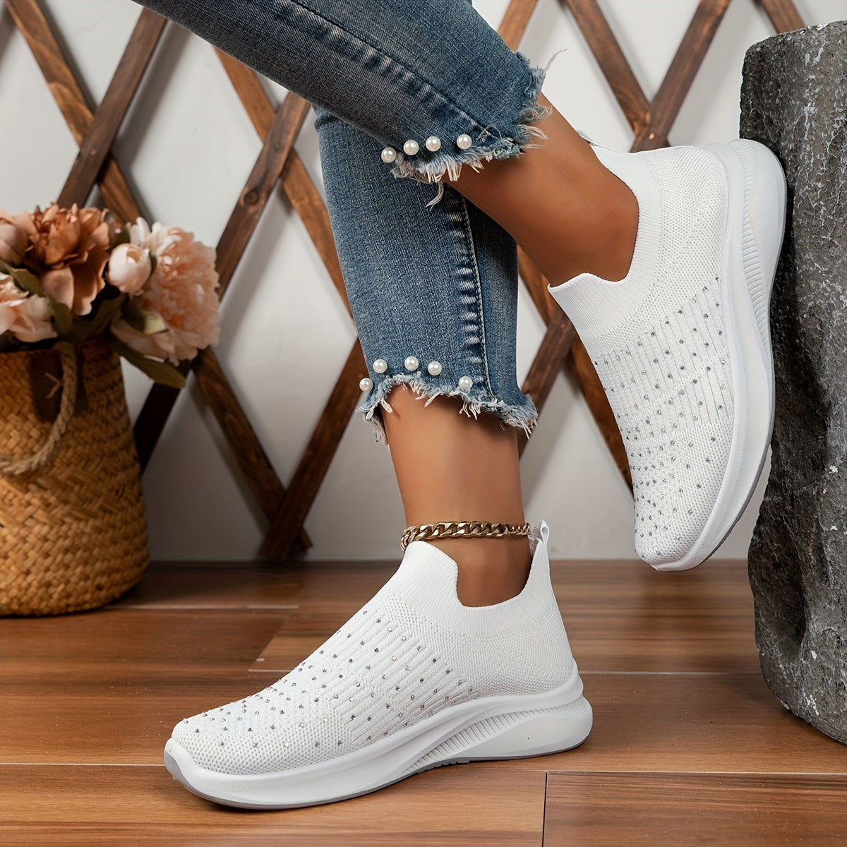 Rhinestone Decor Sneakers Breathable Outdoor Shoes Lightweight Walking Shoes