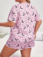 Moon & Eyelash & Heart Print Tee & Shorts Pajama Set