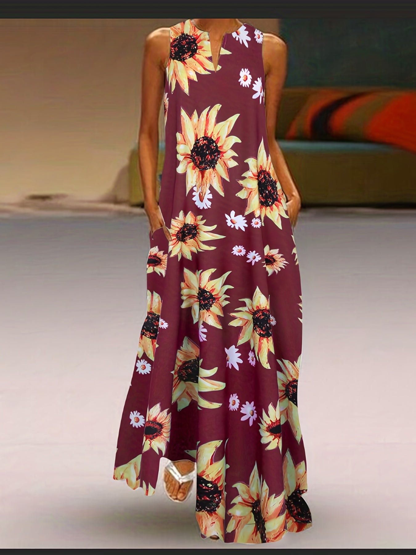  Sunflower Print Tank Dress Sleeveless Maxi A-line Notched Neck