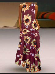  Sunflower Print Tank Dress Sleeveless Maxi A-line Notched Neck