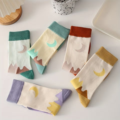 5 Pairs Moon Print Socks Colorblock Crew Socks Women's Stockings