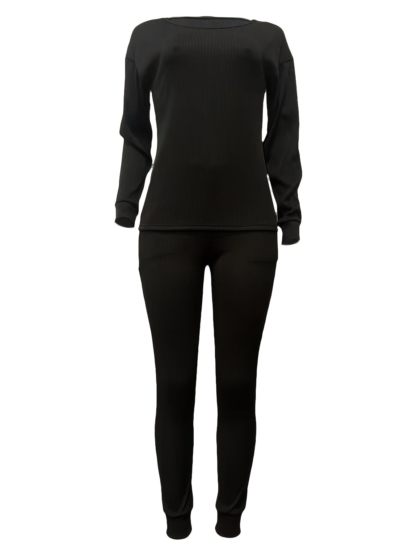 Casual Solid Two-piece Set Long Sleeve Crew Neck Top & Slim Pants