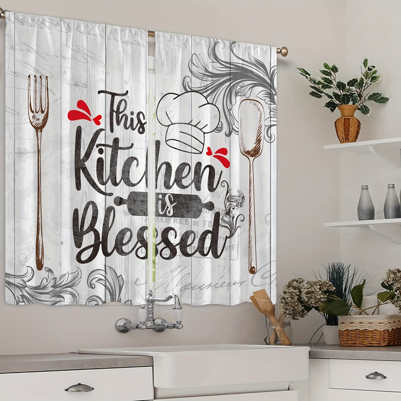2pcs Vintage Kitchen Blessing Words Half Blackout Curtains