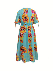  Floral Print Knot Short Sleeve V Neck Dress