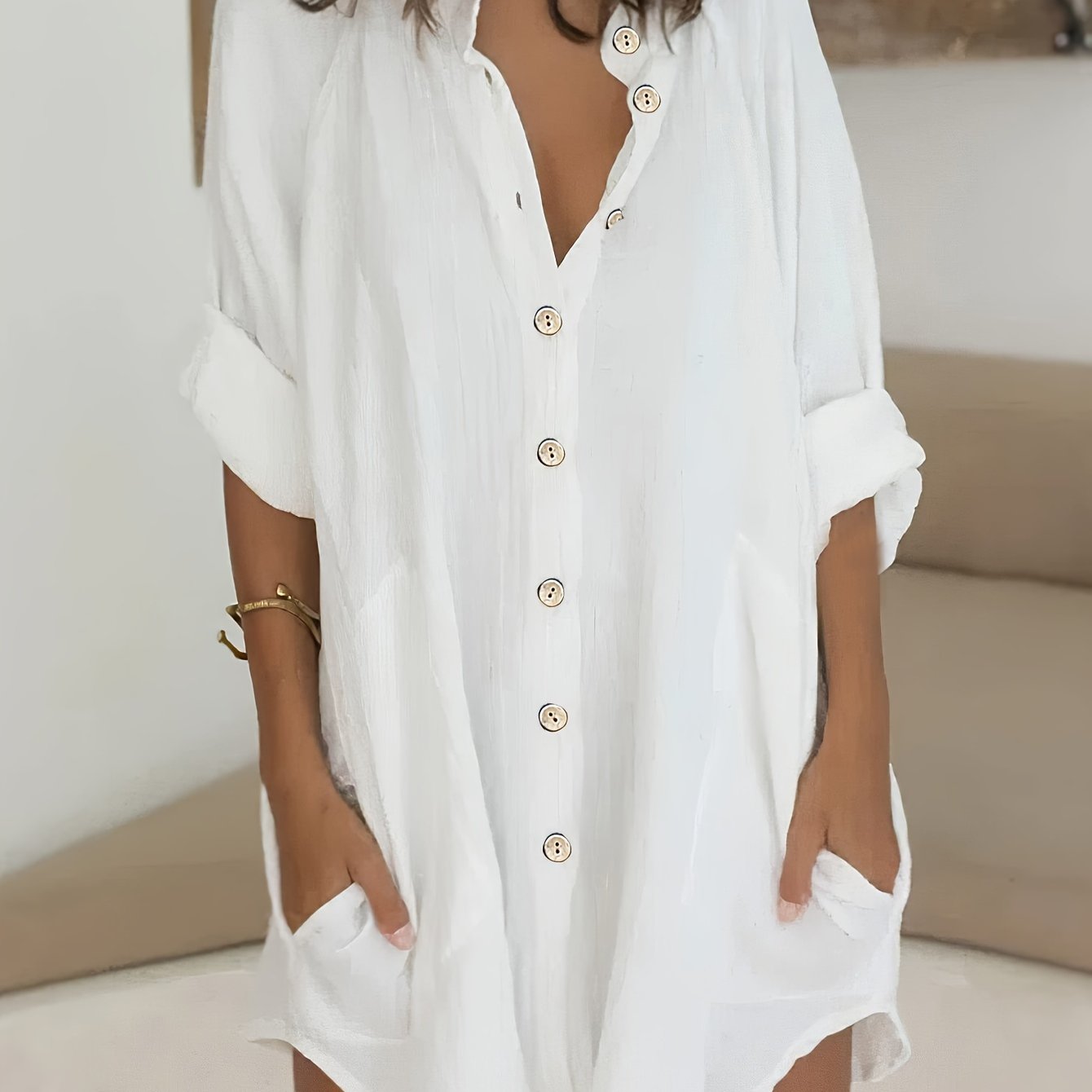  Solid Long Sleeve Button Up Blouse