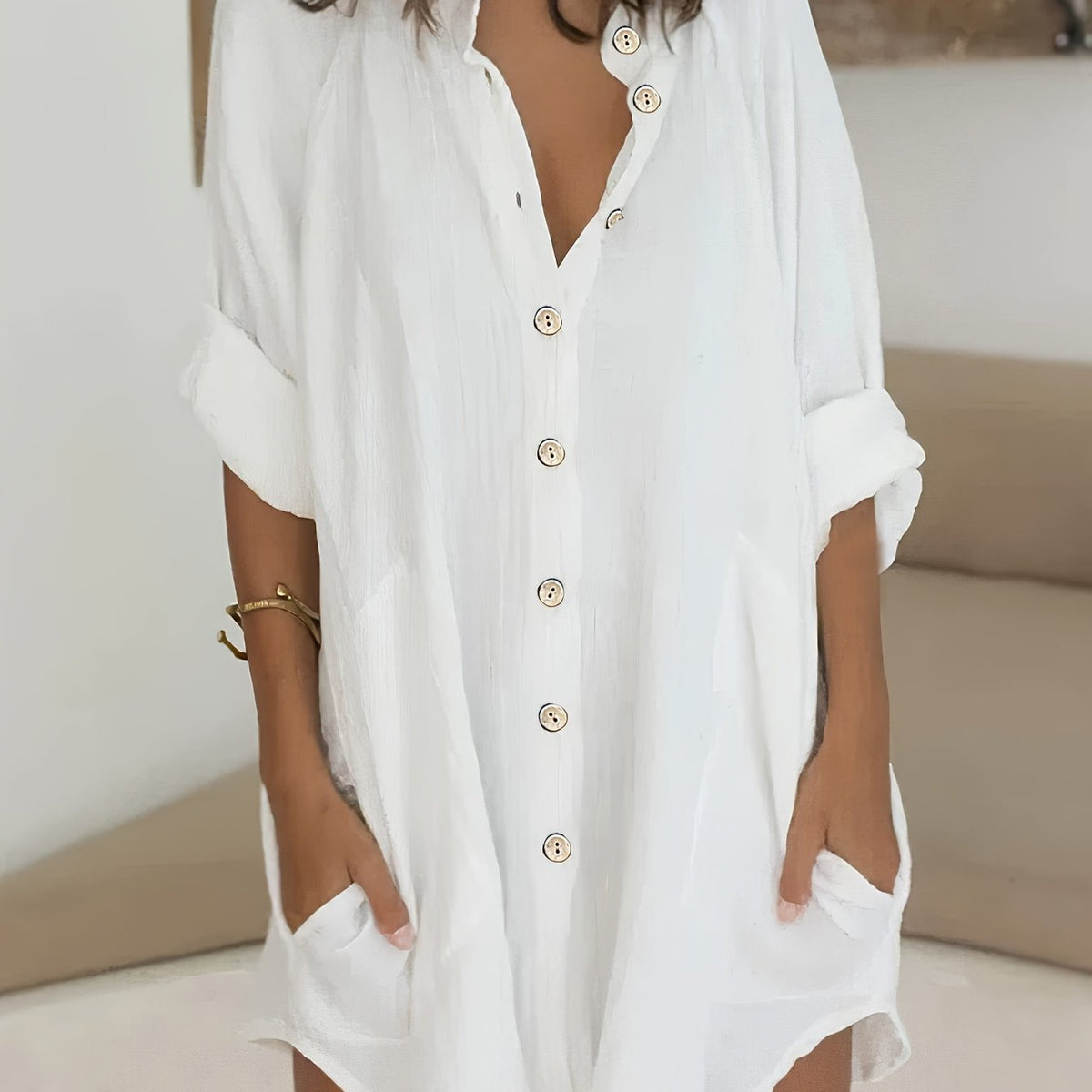  Solid Long Sleeve Button Up Blouse