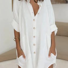 Solid Long Sleeve Button Up Blouse