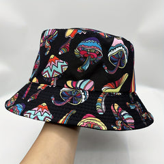 Y2K Mushroom Print Reversible Bucket Hat Hip Hop Sunshade Cap