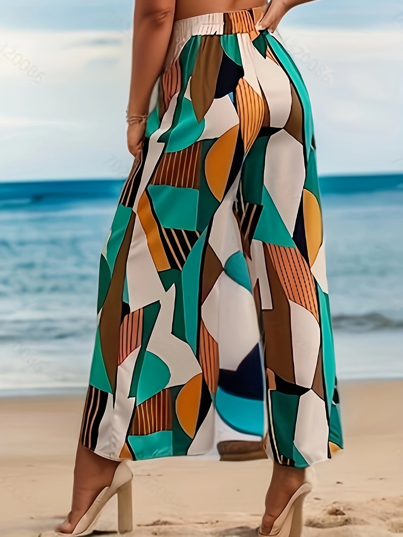 Colorblock Geometric Print Wide Leg Pants With Pockets