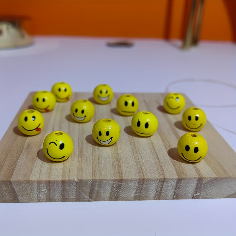 50pcs 1.0" Round Wooden Beads Smiling Face for DIY Crafts Holiday Jewelry