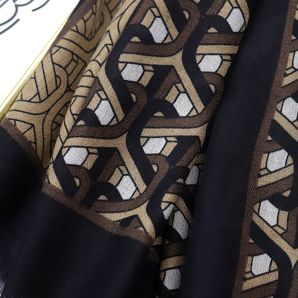 Geometric Ring Print Scarf Block Shawl Frayed Edge Windproof Head Wrap