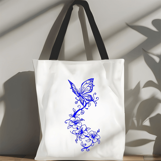 Polyester Butterfly Hibiscus Print Tote Bag Lightweight Reusable Shopping Handba