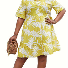 Women's Plus Floral Print Button Up Long Sleeve Shirt Dress