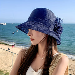 Embroidered Sun Hat Floral Decor Derby Hat Mesh Flower Bucket Hat