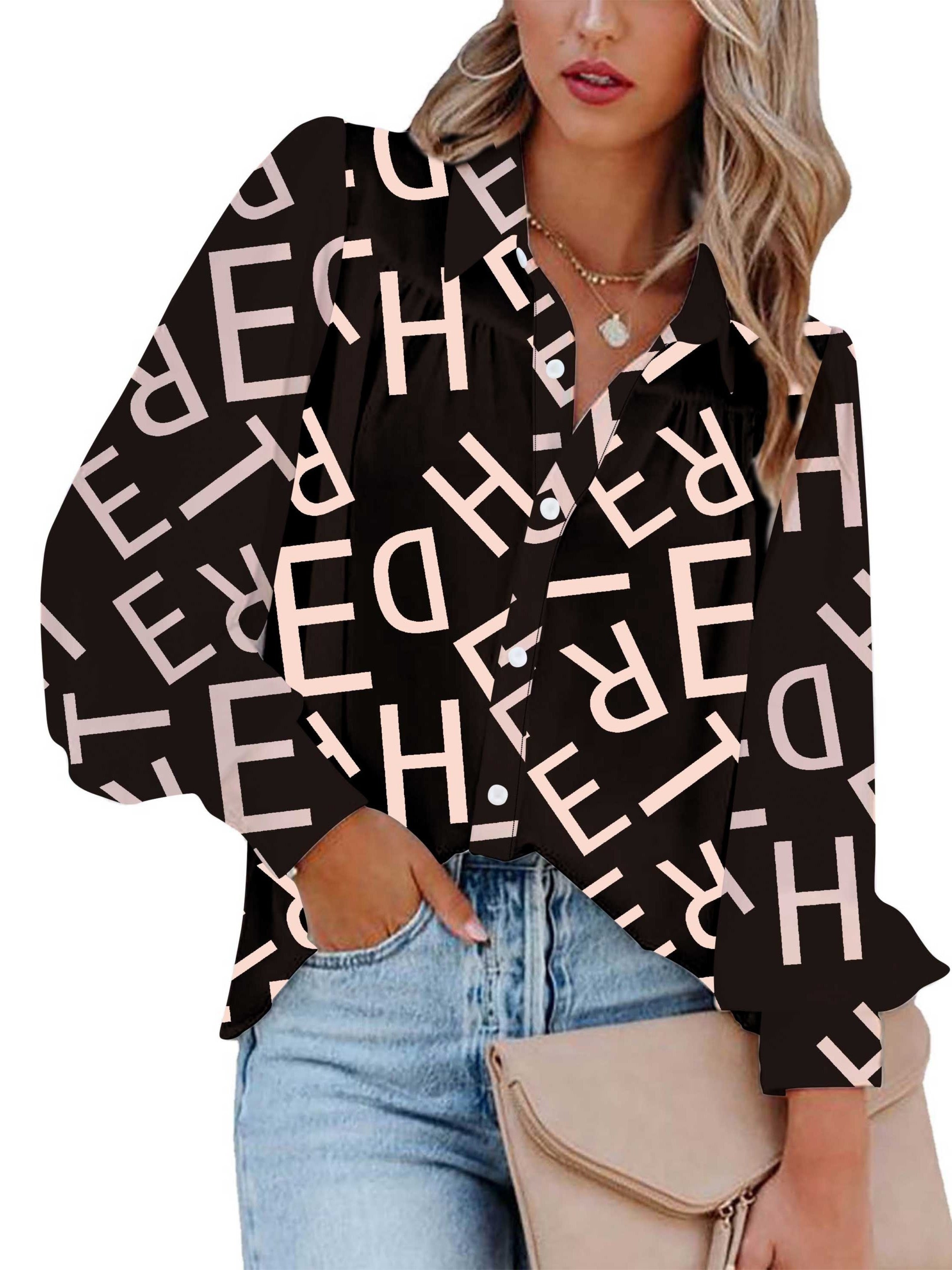  Casual Blouse Women's Plus Letter Print Button Up Long Sleeve