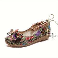 Women's Bowknot Linen Flat Shoes Beaded Strap Slip On Wedge Shoes Ethnic