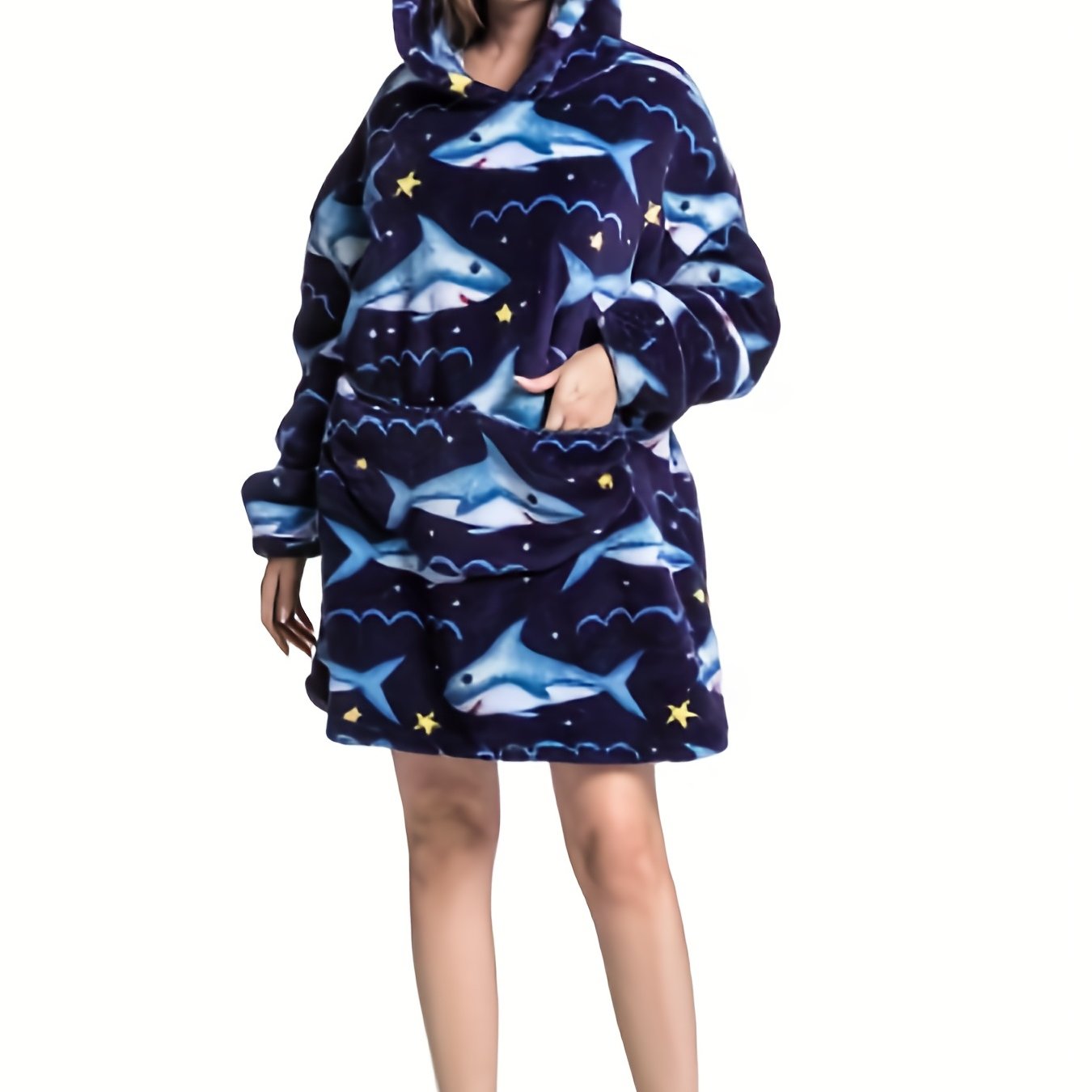  Shark Pattern Fluffy Fleece Long Sleeve Hooded Wearable Blanket