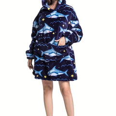  Shark Pattern Fluffy Fleece Long Sleeve Hooded Wearable Blanket