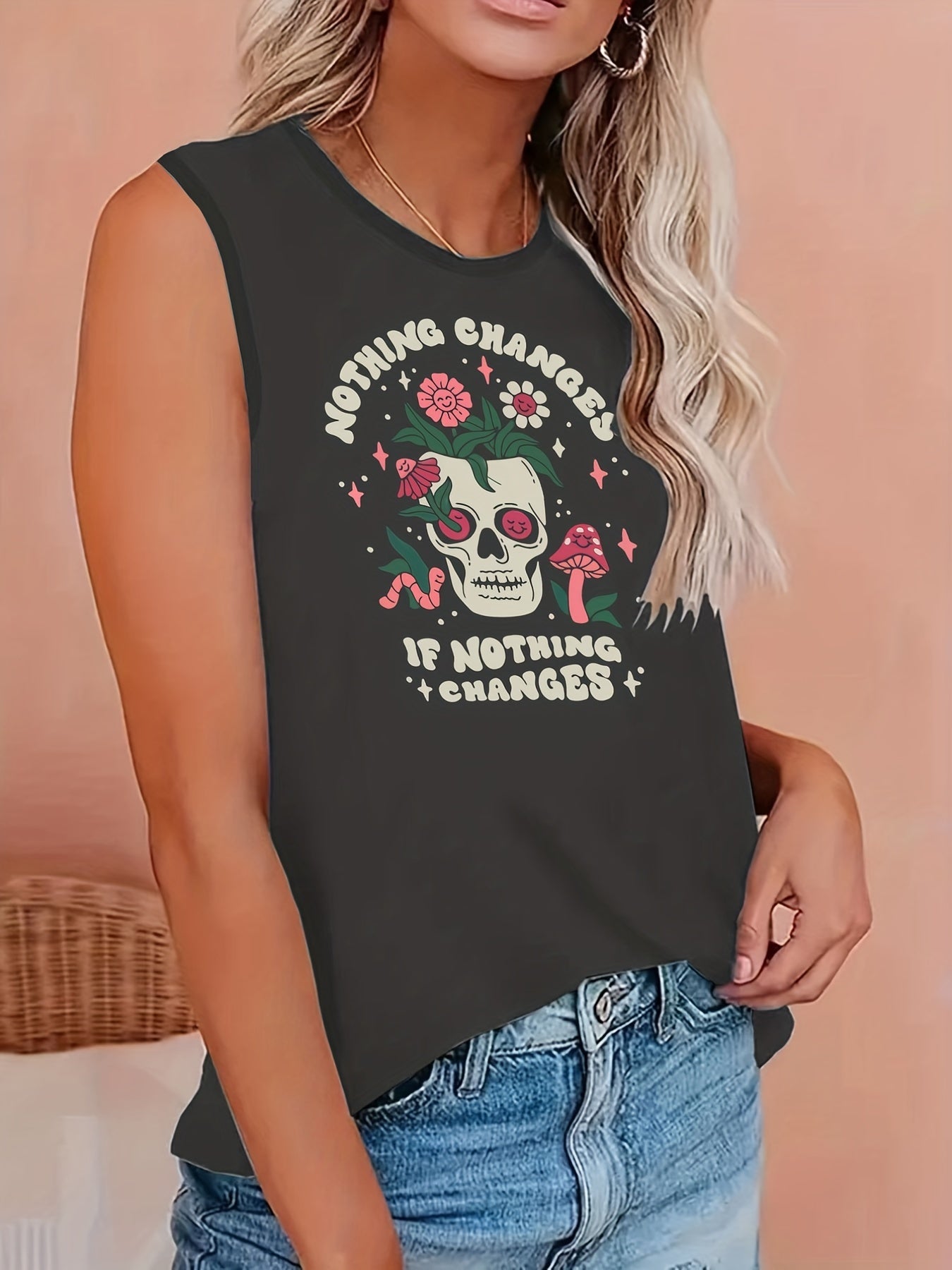  Slogan & Floral Skull Print Tank Top