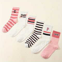 6 Pairs Striped Crew Socks College Style Women's Stockings