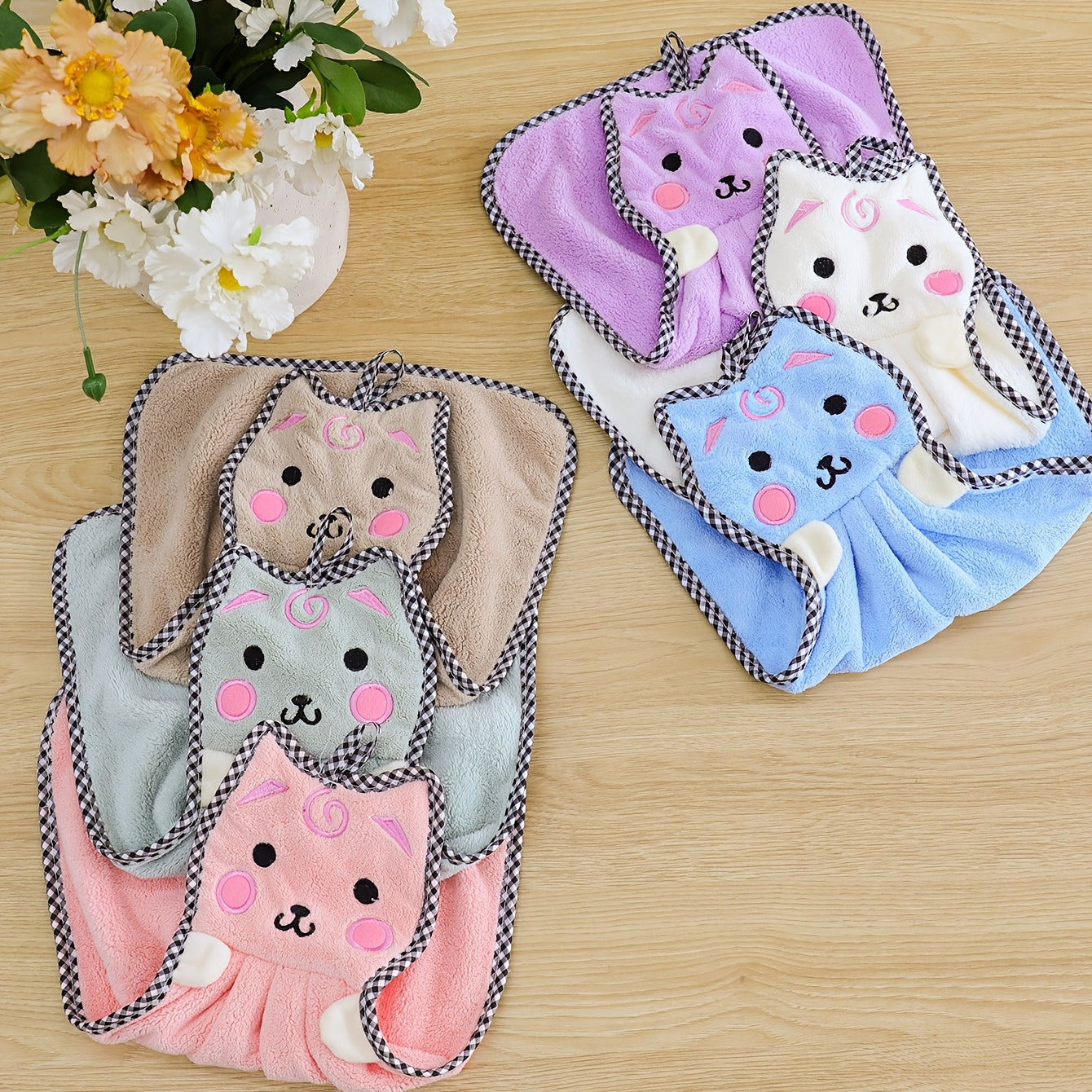 6pcs Cartoon Kitten Hand Towel Absorbent Soft Coral Velvet
