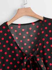  Dot Print Short Sleeve Peplum Shirt Top