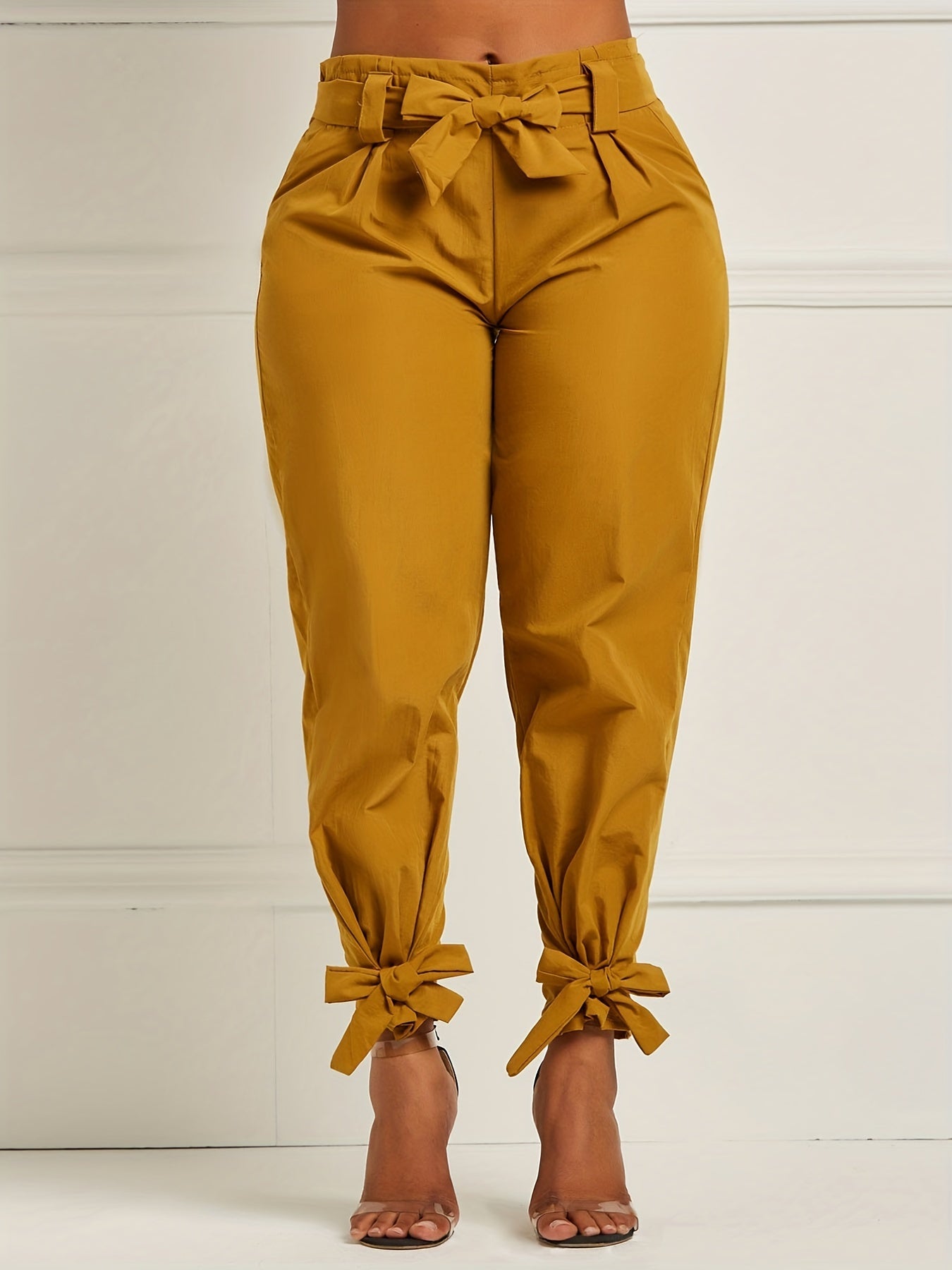 Plus Size Bow Knot Tapered Leg Elastic Pants With Belt
