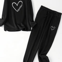  Heart Print Fleece Lounge Set Pajama