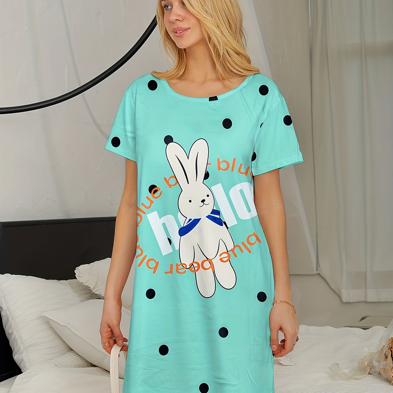 Bunny Print Lounge Dress - Women's Comfy Short Sleeve Home Dress