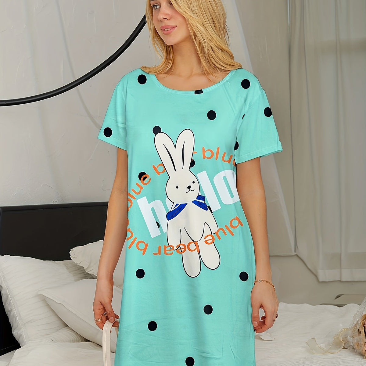 Bunny Print Lounge Dress - Women's Comfy Short Sleeve Home Dress