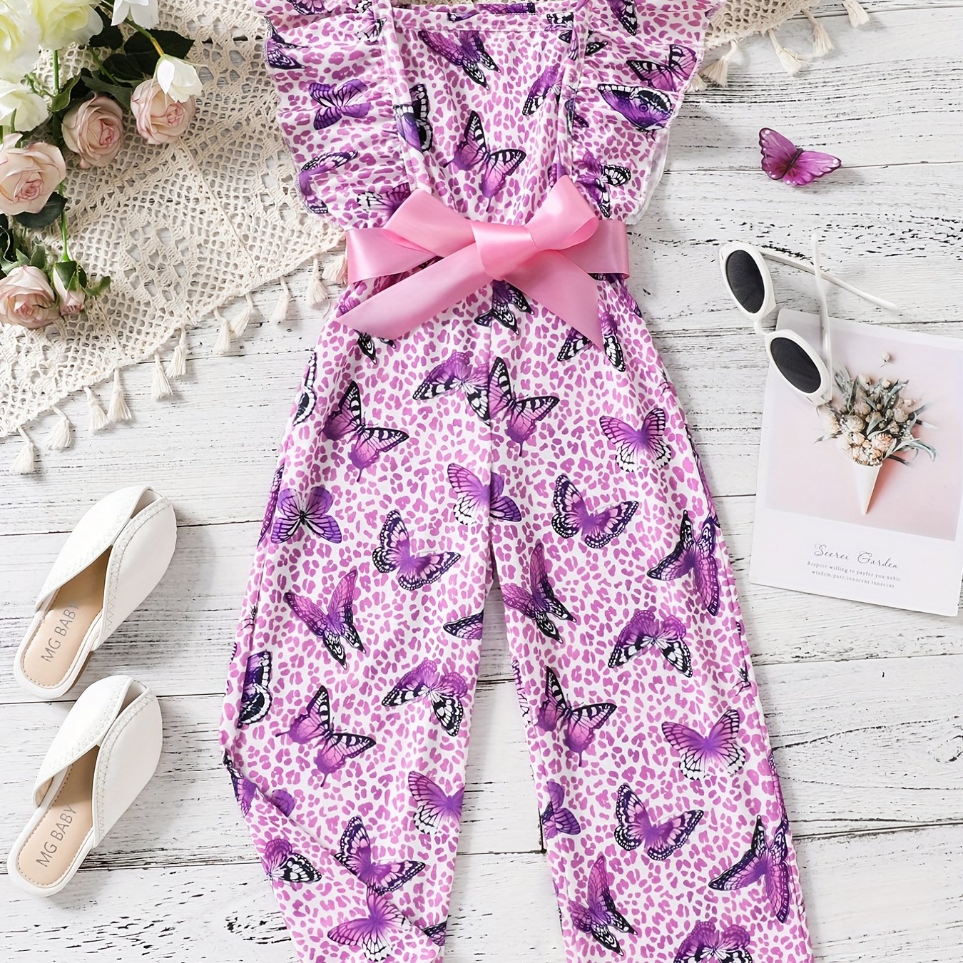 Butterfly Print Ruffle Sleeve Rompers for Kids