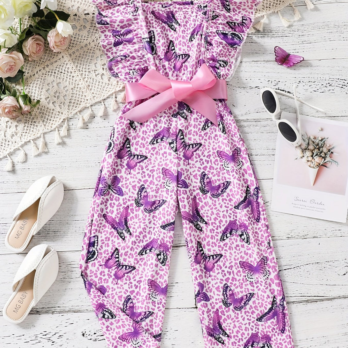 Butterfly Print Ruffle Sleeve Rompers for Kids