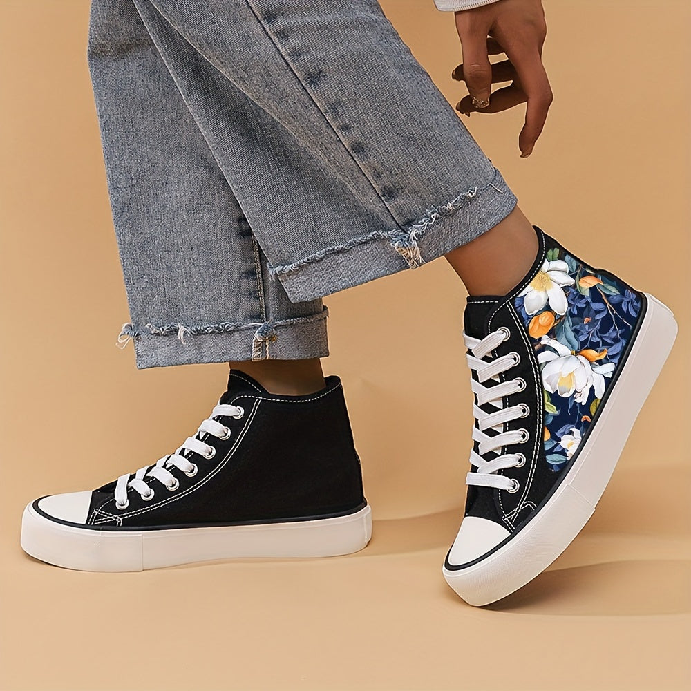 Women's Floral High Top Canvas Sneakers Lightweight Lace Up Board Shoes