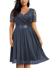  Party Dress Women's Plus Solid Contrast Lace Short Sleeve V Neck
