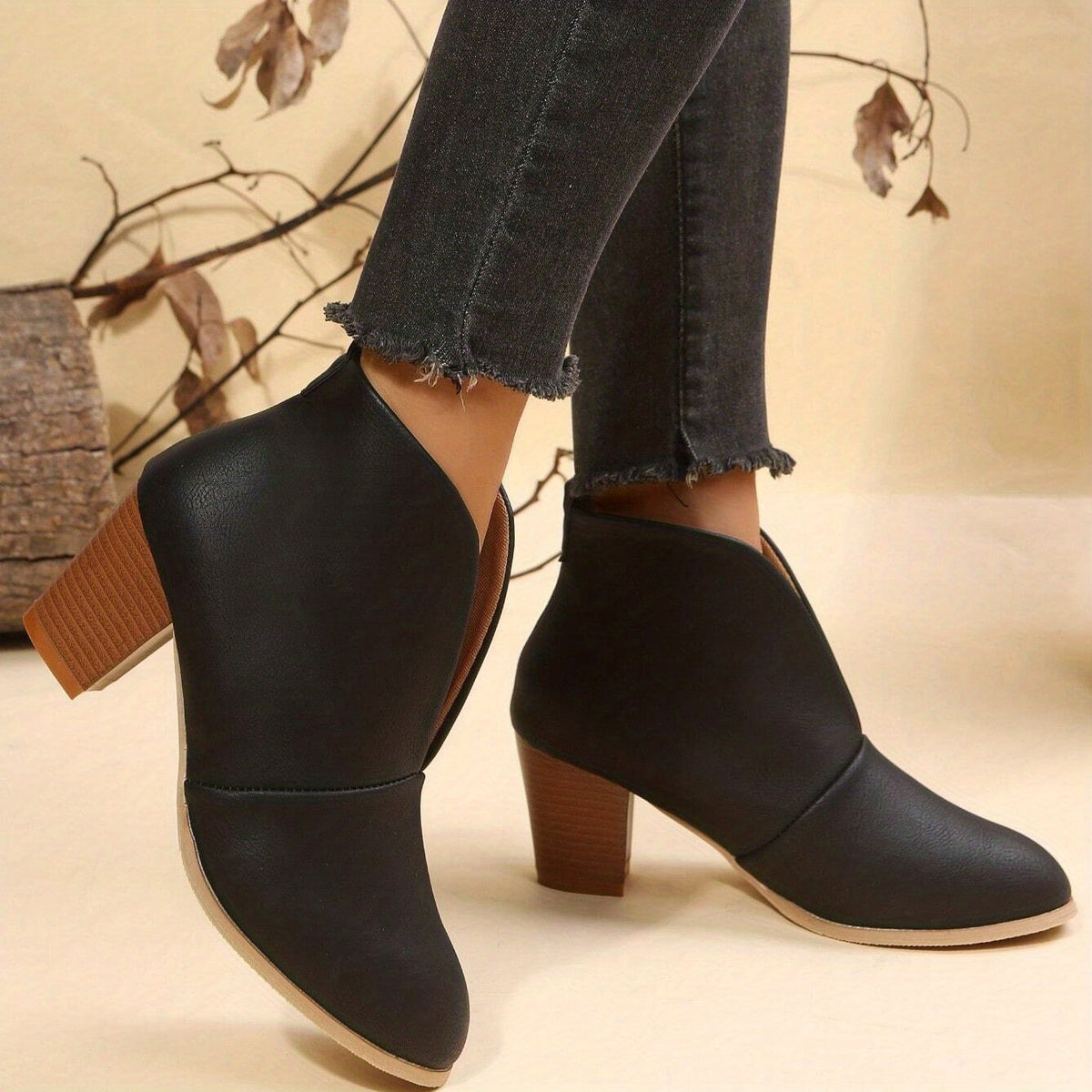 Vintage V-Cut Block Heel Ankle Boots
