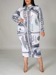Women's Plus Size Casual Dollar Print Long Sleeve Dress