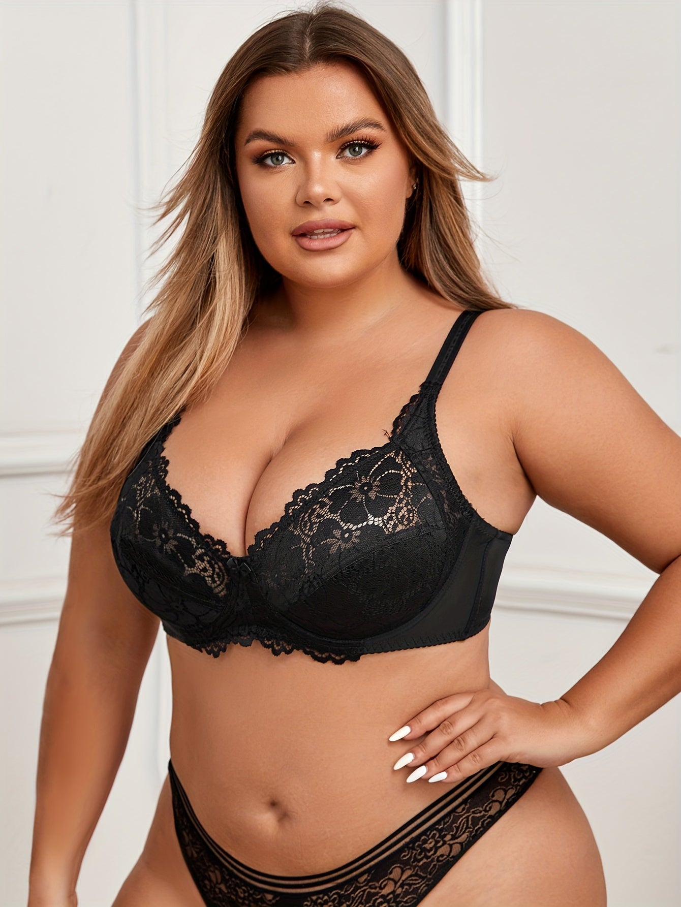 Sexy Bra Women's Plus Contrast Lace Full Cover Mini Bow Front