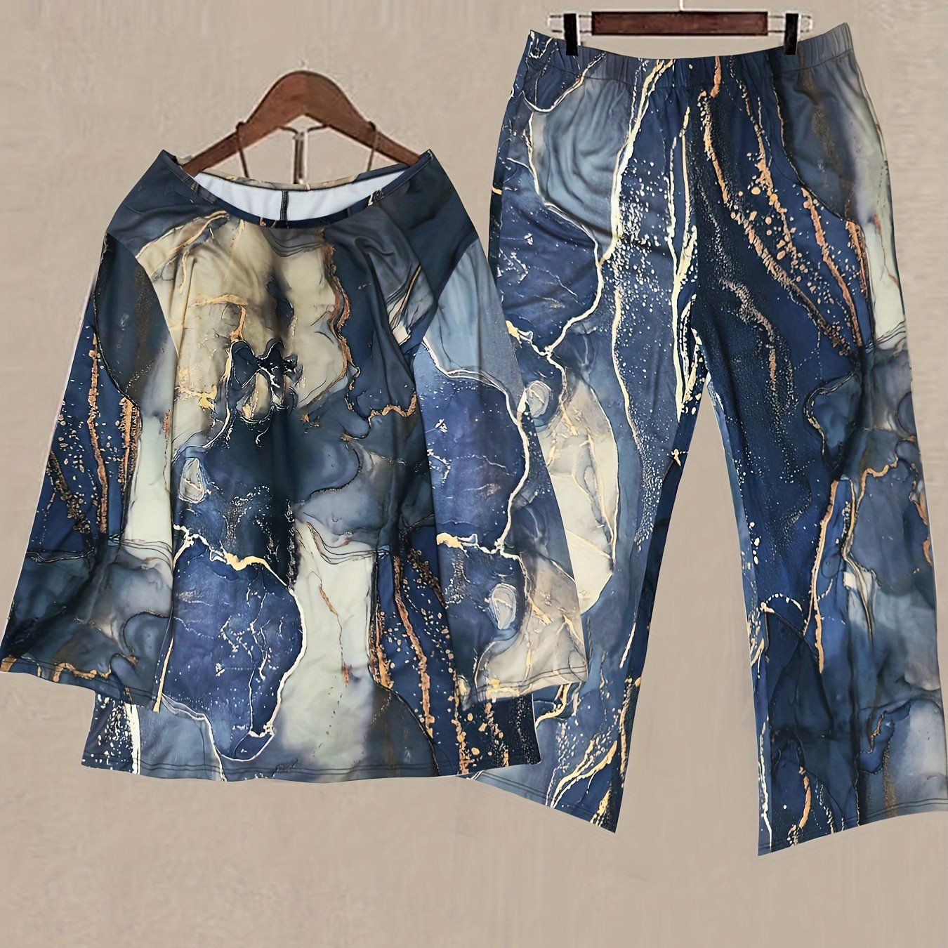  Marble Print Top & Pants Set, Long Sleeve Round Neck 2pc Outfit